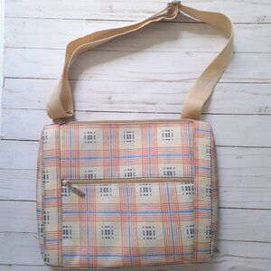 Maxx New York Fabric Plaid Tablet Crossbody with Adjustable Strap Tan Red Blue